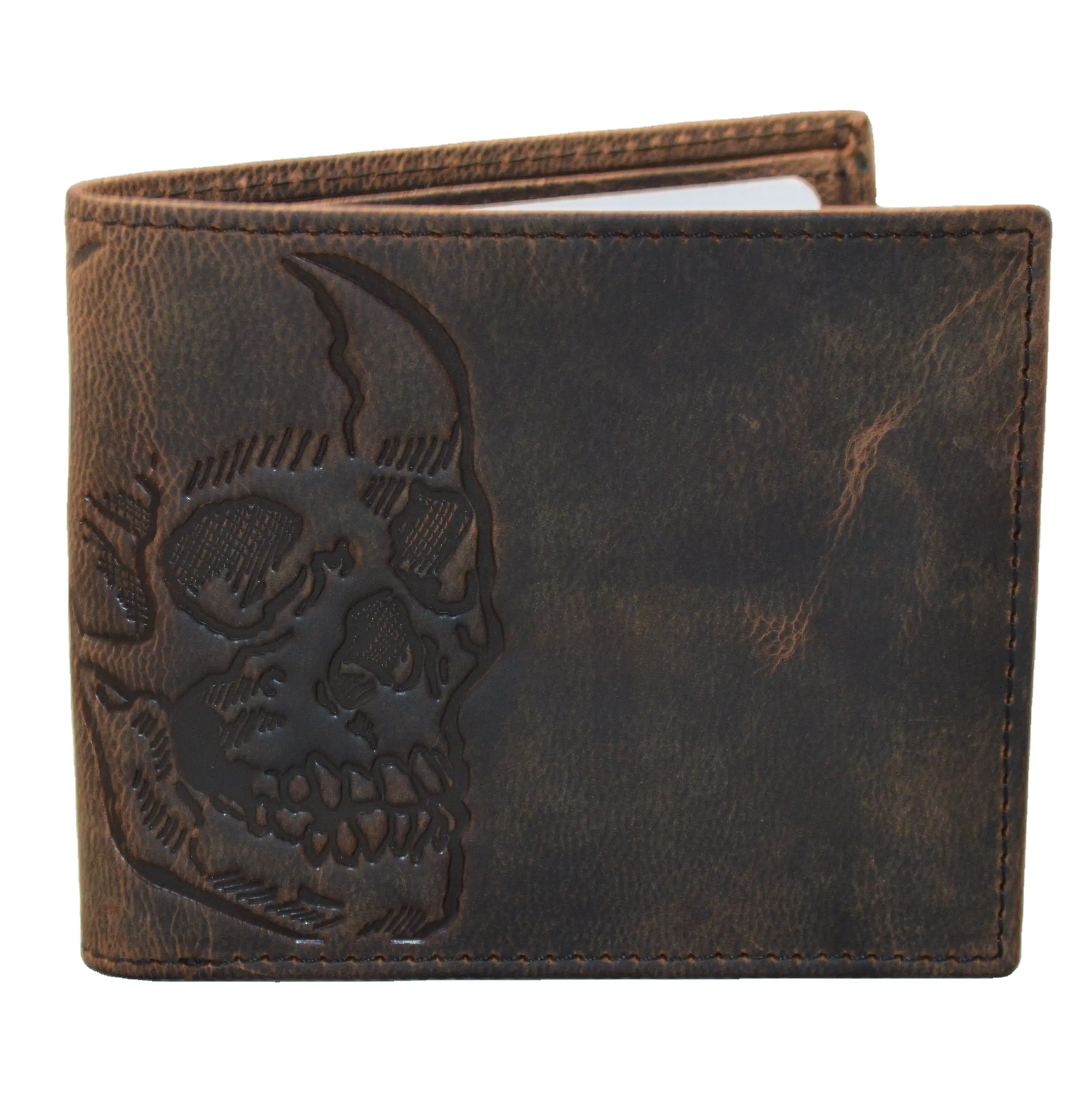 SKULL Double ID Bifold Hand Burnished Premium Leather Multi Card Capacity Wallet with RFID Protection for Mens