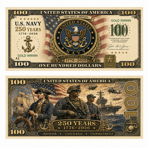 Set di 4 banconote dorate bifacciali con motivi militari della Marina, Esercito, Aeronautica e Marines degli Stati Uniti, per il 250° anniversario (1776-2026), decorazione per le feste - Product Image 2