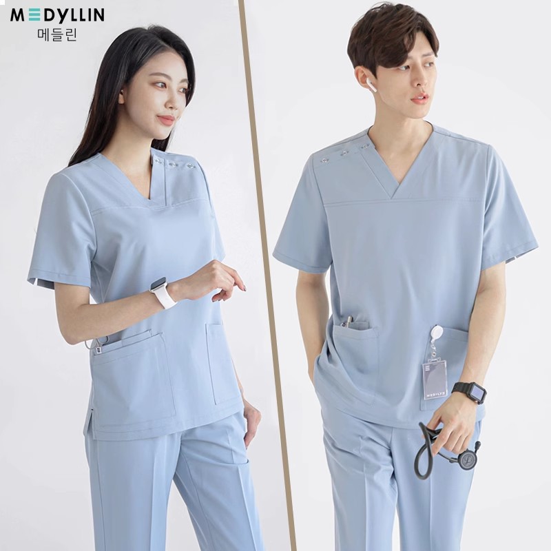 Costume à manches courtes stretch bleu brume pour femme