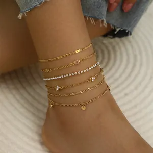SinDlan 6PCS Set Layer Dainty Anklet Bracelet for Women Foot Non Tarnish Free Jewelry