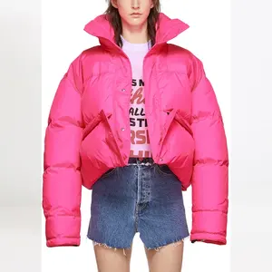 OEM Chinese Productie Vrouwen Winter Boutique Mooie Roze Lange Mouwen Hooded Donzen Puffer Jas Down