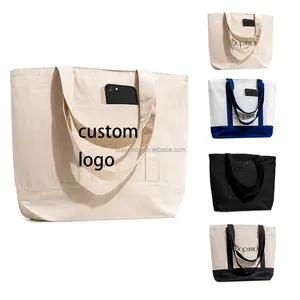 Logo Kustom Tas Tote Kanvas Katun Besar Polos Organik Wanita dengan Saku dan Ritsleting Logo Cetak Kustom