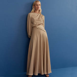 Robe maxi à col rond en satin doré sur mesure en gros, à nouer devant, taille naturelle, unie, élégante pour femmes, lavable à 100% - Product Image 1