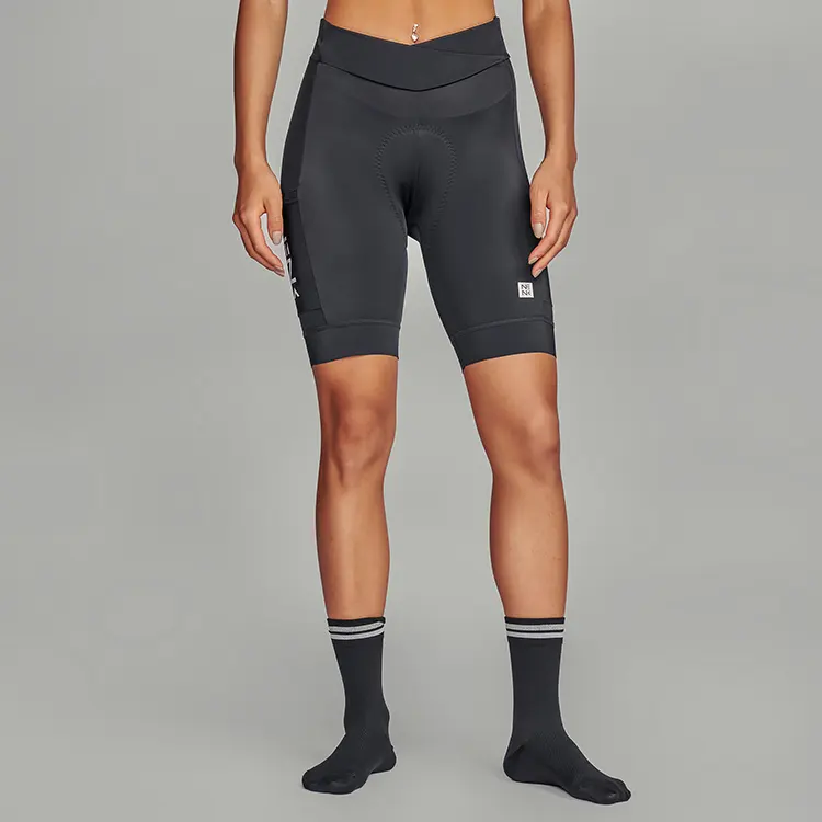 Shorts de ciclismo feminino com logotipo refletivo personalizado, shorts flexíveis de cintura alta para ciclismo