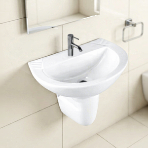 Budget Friendly 9L Capacity <b>Wall</b> Suspended Half Pedestal Ceramic Wash Basin Sink For Commercial Mall - Product Image 2