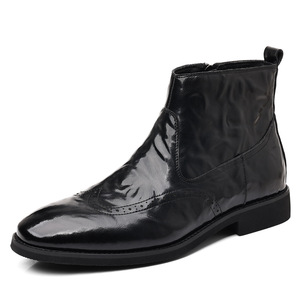 Men's Black Patent Leather Chelsea <b>Ankle</b> Boots, Brogue Wingtip Zipper Dress Boots, Formal Business Pointed Toe <b>Booties</b> for Weddi - Product Image 6