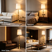 Lampadaire sculptural doré à abat-jour cylindrique blanc, base conique à tiges empilées, lampe sur pied moderne pour salon et hôtel