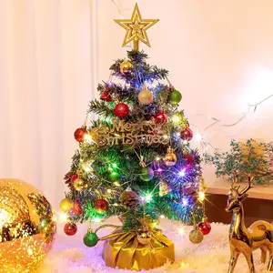 Mini juego de árbol de Navidad de mesa con luces LED Adornos de copas de árboles de estrellas Bolas Campanas y conos de pino Las mejores decoraciones navideñas