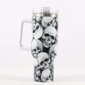 40 Oz Skull Tumbler, 40oz Quencher Skull Flowers Tumbler With Handle, 40oz  Skull Voyager Dupe, 40oz Halloween Skeleton Cup, Cup for Fall 