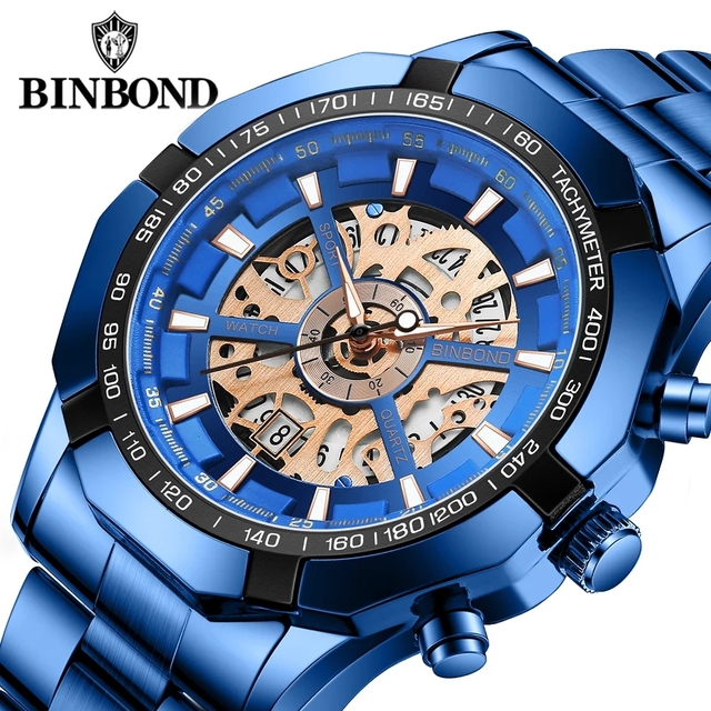 Binbond S033 033 Men Quartz Watch Stainless Steel Strap Waterproof Luminous Hands Calendar Hollow Style Business Wristwatch