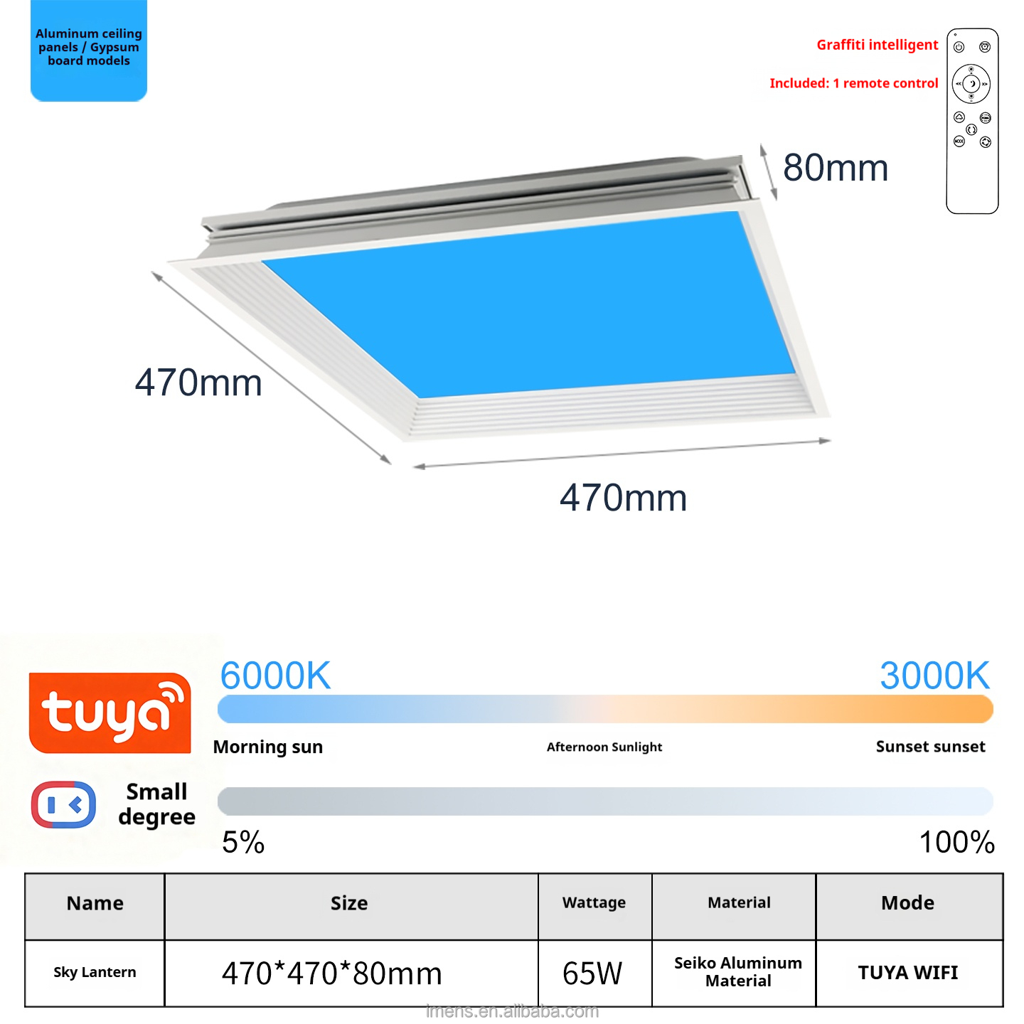 Panneau lumineux encastré bleu ciel 450x450-Tuya Smart