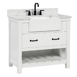 Mueble de Baño Americano Resistente de Color Blanco Vietnamita con Encimera de Mármol, Grifo Negro y Cajones de Almacenamiento Abiertos - Product Image 1
