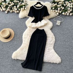 Women's Haute Summer Beaded Round Neck Irregular Short Sleeve Top High Waisted Wrap Hip <b>Skirt</b> 2 Piece Set Fashion - Product Image 1