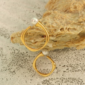 Korean Dainty Women Beads Pearl <b>Rings</b> Stainless Steel 18k Gold Cuff <b>Ring</b> Open Adjustable Pearl <b>Rings</b> for Girls - Product Image 2
