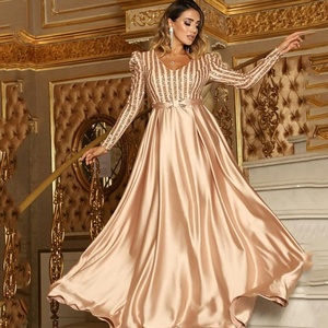 Nuova moda donna Sexy con scollo a V in raso Maxi abito a manica lunga lungo lungo pavimento con orlo grande per festa di nozze - Product Image 2
