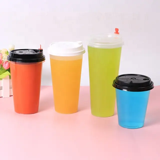 ふた付きPP使い捨てプラスチック飲用カップボバミルクティーカップバブルティーカップ