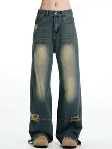 Custom Boys Double Knee Denim Pants Men Dirty Wash Vintage Jeans Denim Jean Loose Wide Leg Straight Baggy Jeans