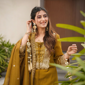 Traditional Women's Mustard Chiffon Salwar Kameez Set With Embroidered Dupatta Daily Wear Ethnic Outfit Spring Summer - Product Image 5