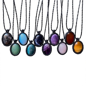 Boho Oval Natural Stone Pendant Necklaces Hemp Rope <b>Chain</b> Bezel Setting Unisex Everyday Wear Gift Jewelry - Product Image 1
