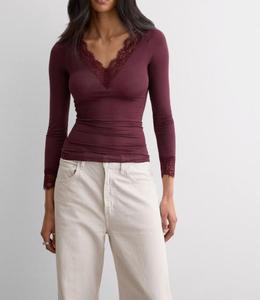 Camicetta da <span class=keywords><strong>donna</strong></span> casual in pizzo con scollo a V, maniche lunghe, <span class=keywords><strong>bordeaux</strong></span>, aderente, arricciata, slim fit - Product Image 1