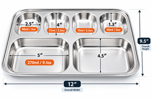 Plateau à collation rectangulaire en acier inoxydable 304 durable, poli, avec compartiments, boîte à lunch avec couvercle, directement de l'usine - Product Image 2
