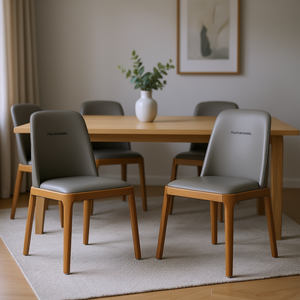 Sillas de comedor modernas de cuero sintético gris con patas de madera para sala de estar o cocina - Product Image 2