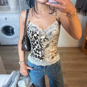 Camisola Corta sin Mangas para Mujer, Transpirable, con Encaje, Estampado Floral de Leopardo, Corte Ajustado, Estilo Y2K, Moda de Verano - Product Image 3
