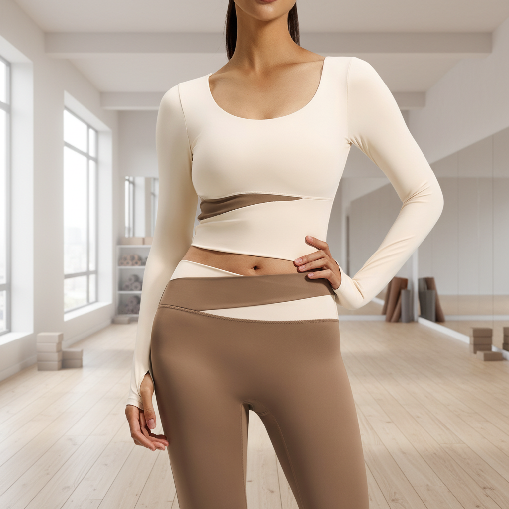 Full Sleeve Color-blocked Breathable Yoga Wear Loose Fit Pilates Training Exercise Running and Fitness with Front logo