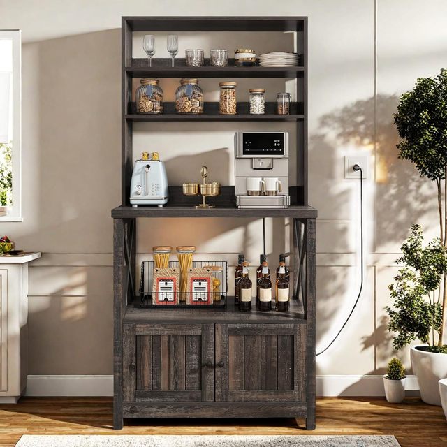 Kitchen Microwave Stand Pantry Hutch Thickened Counter Shelves Black Oak Coffee Bar Station Storage Cabinet Bakers Rack