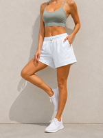 Shorts de sport pour femmes à séchage rapide, taille haute élastique avec cordon de serrage, coupe trapèze, jambes larges, avec poches arrière, légers et résistants aux plis
