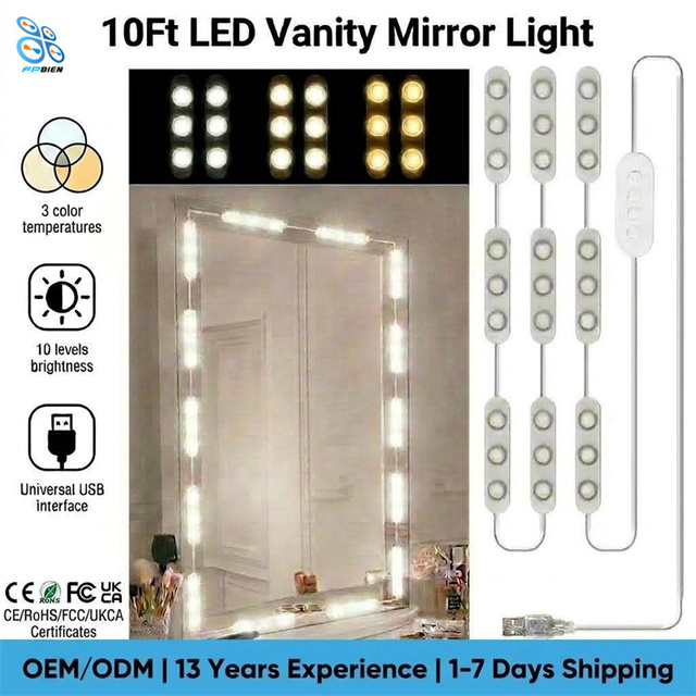 10ft USB LED Vanity Light  3 Color Temperatures 10 Level Dimming Adjustable  Hollywood-Style LED Mirror Light for Makeup Hair