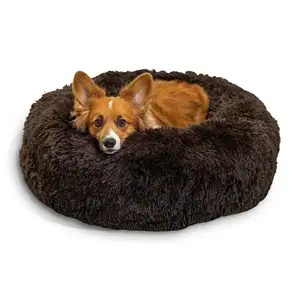 Tempat tidur anjing peliharaan coklat gelap kucing donat menenangkan bulat untuk Beagle, Boston Terrier, Shiba Inu, Corgie