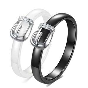 Ceramic <b>Couple</b> <b>Ring</b> 4MM Black White Zircon Inlaid Belt Buckle Design For Women Gift Jewelry - Product Image 1
