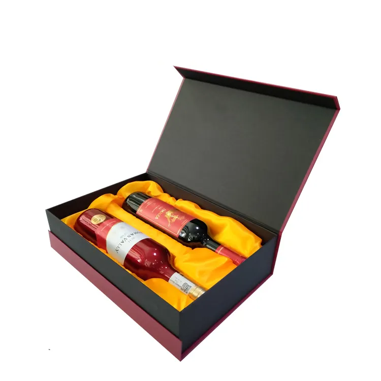 उच्च गुणवत्ता कस्टम कठोर गत्ता शराब चुंबकीय बॉक्स के साथ दो शराब की बोतलें पैकेजिंग के लिए सोने की पन्नी लोगो