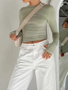 T-shirt à manches longues pour femmes col rond solide coupe ajustée haut court avec trous pour les pouces Streetwear - Product Image 6