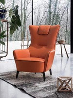 Fauteuil simple nordique moderne à dossier haut en cuir PU avec structure en bois pour salon, balcon, détente, canapé individuel confortable