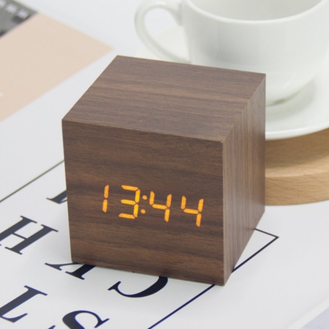 EMAF Custom logo Square Wooden Cube Led Desk Productivity Gadget Time Day Temperature Sounds Control Digital Table Alarm Clock