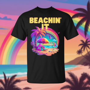 Beachin It Retro 80s Summer Trendy <b>T</b>-<b>Shirt</b> Colorful Beach <b>Rainbow</b> Design for Men and Women - Product Image 3