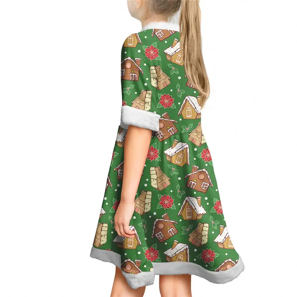 Custom Christmas Gingerbread House Candy Cane Bulbs Pattern Christmas Dresses For Little Girls Children's Christmas Clothes XMAS