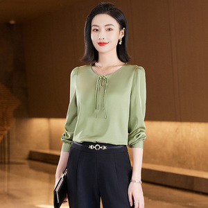 Atasan Wanita lengan panjang, kasual, Atasan Wanita renda Perancis, leher polos, dicelup, kemeja pola Solid untuk kantor, musim semi, ekspor lintas batas - Product Image 2