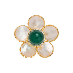 Flower Brooch Zinc Alloy Green Jade Center Pearl Petals Women's Fashion Accessory Gift - Product Image 5