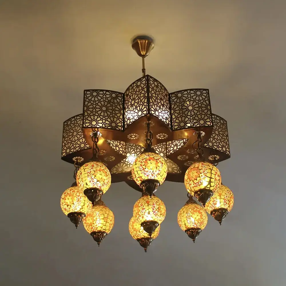 Lampu gantung Turki Eropa lampu gantung hotel lobi mewah gaya emas dekorasi kaca besi lampu gantung besar untuk masjid