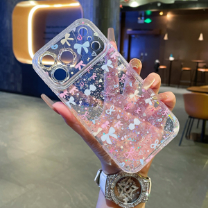 เคสโทรศัพท์กันรอยนิ้วมือ รุ่น 17 Pro Max 16 15  ลายดอกไม้หน้าต่างขนาดใหญ่ กรอบเลนส์  ประดับ<span class=keywords><strong>เพชร</strong></span>ด้านข้าง สี<span class=keywords><strong>ชมพู</strong></span>ฟ้าครีม  พร้อมโบว์น่ารัก - Product Image 2