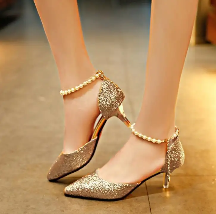 Summer new women's sandals pointed toe Korean fashion sequined high heels women's beaded women's sandals in stock