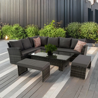 Ensemble de canapés d'extérieur modernes en forme de L avec table relevable, ensemble de salle à manger contemporain en rotin pour parc et appartement