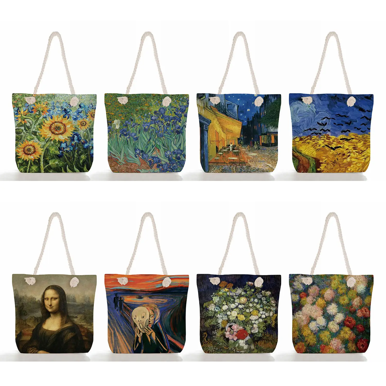 Bolso de mano de cuerda gruesa con imagen personalizada, bolsa de mano reutilizable y plegable de alta calidad con estampado de pintura al óleo de Van Gogh, para viaje y playa