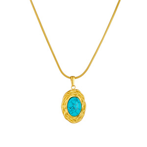 European American Retro Oval Blue Turquoise Geometric Pendant Snake Chain Stainless Steel Gold Plated Necklace Gift - Product Image 5