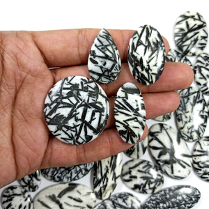 Lot en gros Radha Arts Cabochon en hornblende naturelle, pierre précieuse de guérison, noir et blanc, 25-40mm, pour la fabrication de bijoux - Product Image 1