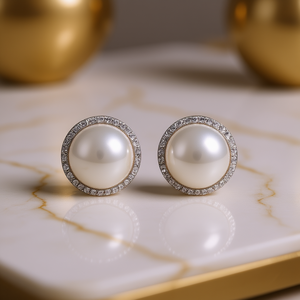 Boucles d'oreilles clous en or blanc E3651, forme boule, serti clos, bijoux de mariage classiques pour femme - Product Image 2