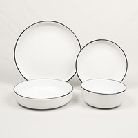 Service de table en grès blanc avec bords noirs, 16 pièces, vaisselle ronde avec bols et assiettes, vaisselle lisse à vendre